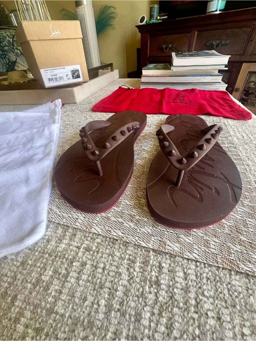 Christian Louboutin Loubi Donna Brown Studded Flip Flop Sandals-Size 37 - Picture 7 of 10
